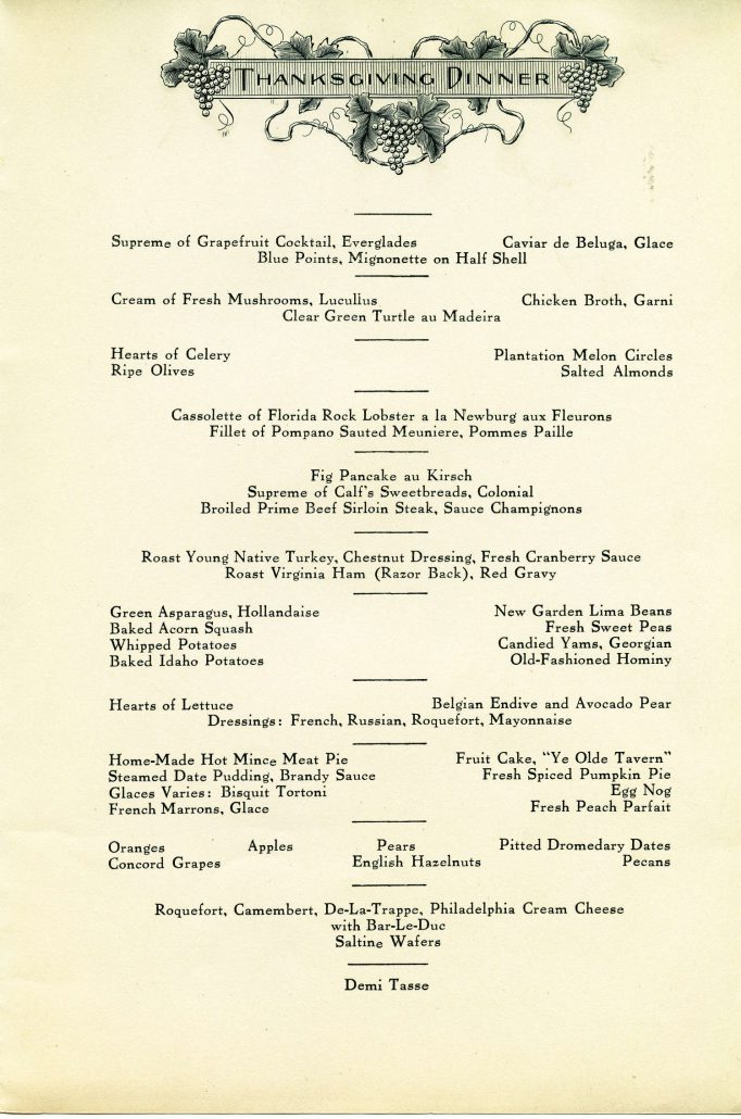 Menu for Thanksgiving dinner at the Grove Park Inn, 1928.